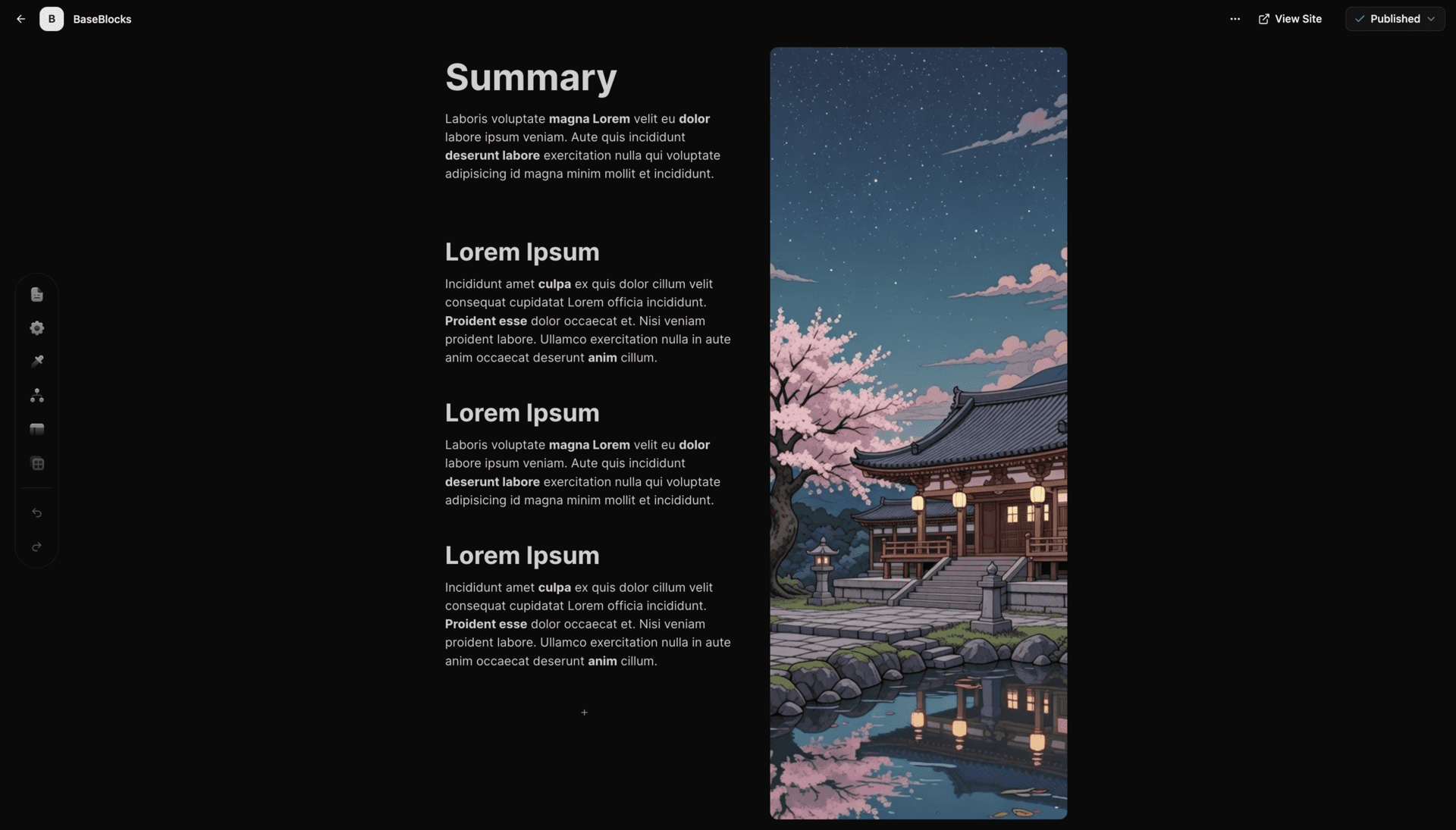 BaseBlocks editor showing a site with dashboard, table, and rich text blocks