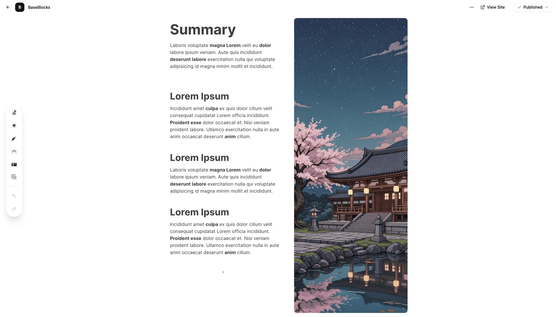 BaseBlocks editor showing a site with dashboard, table, and rich text blocks